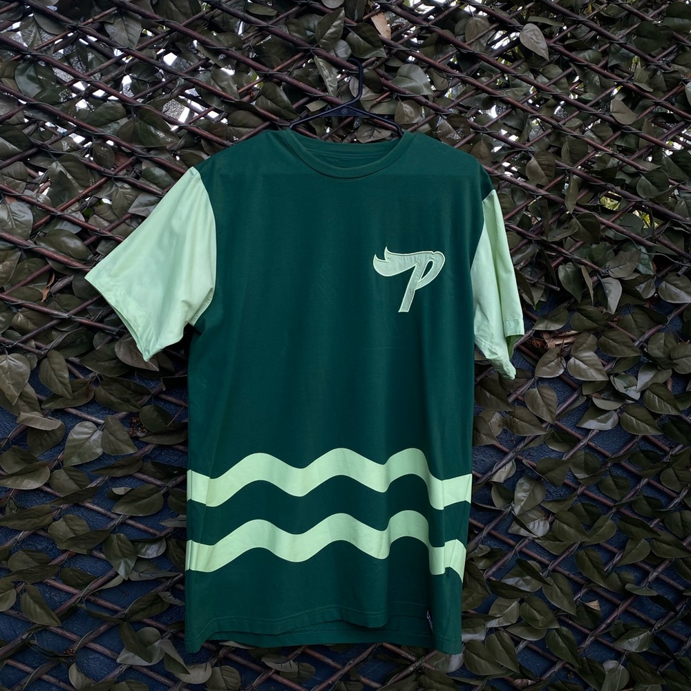 Green Pink Dolphin Varsity Shirt with Nylon Sleeves and Embroidered Sailboat